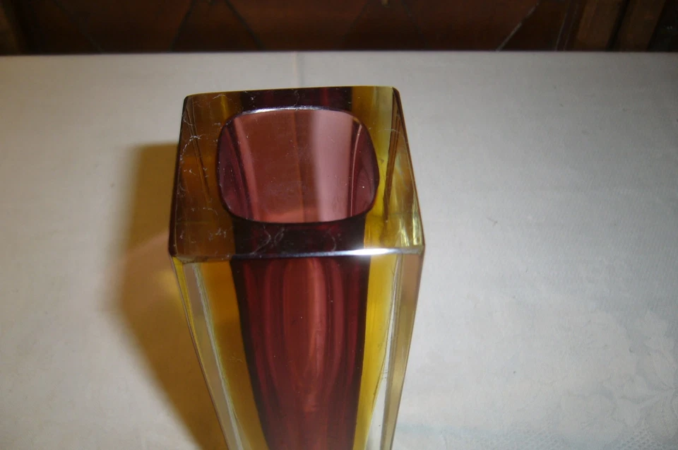 Murano Blockvase Rechteckig, Rot & Gelb, H: 21,5cm, 5,4 x 5,4cm - Bild 2 von 4