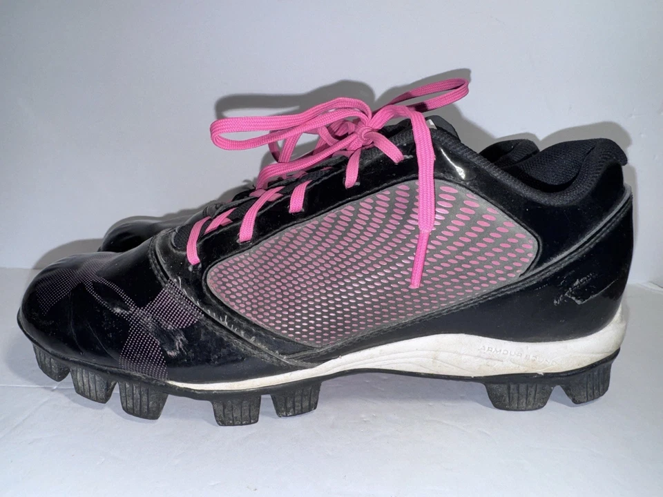 Under Armour Softball Size 6.5 Y Cleats Sports Black & Pink Lace Up - Image 2 of 4