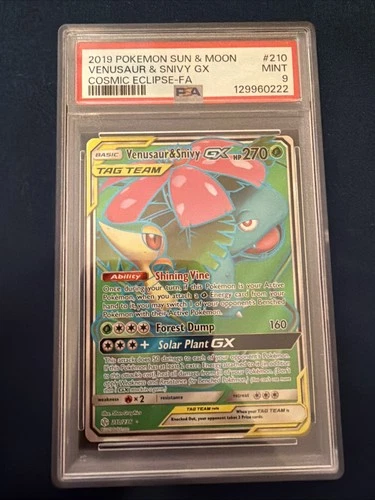 2019 POKEMON SUN & MOON COSMIC ECLIPSE #210 FULL ART/VENUSAUR & SNIVY GX PSA 9