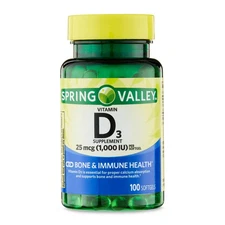 Spring Valley Vitamin D3 1000 IU (25 mcg) Softgels, Bone & Immune Health, 100 Ct