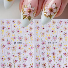 Pink Flower Nail Stickers Spring/Summer Floral Cherry Blossom Vine Gold Edges1pc