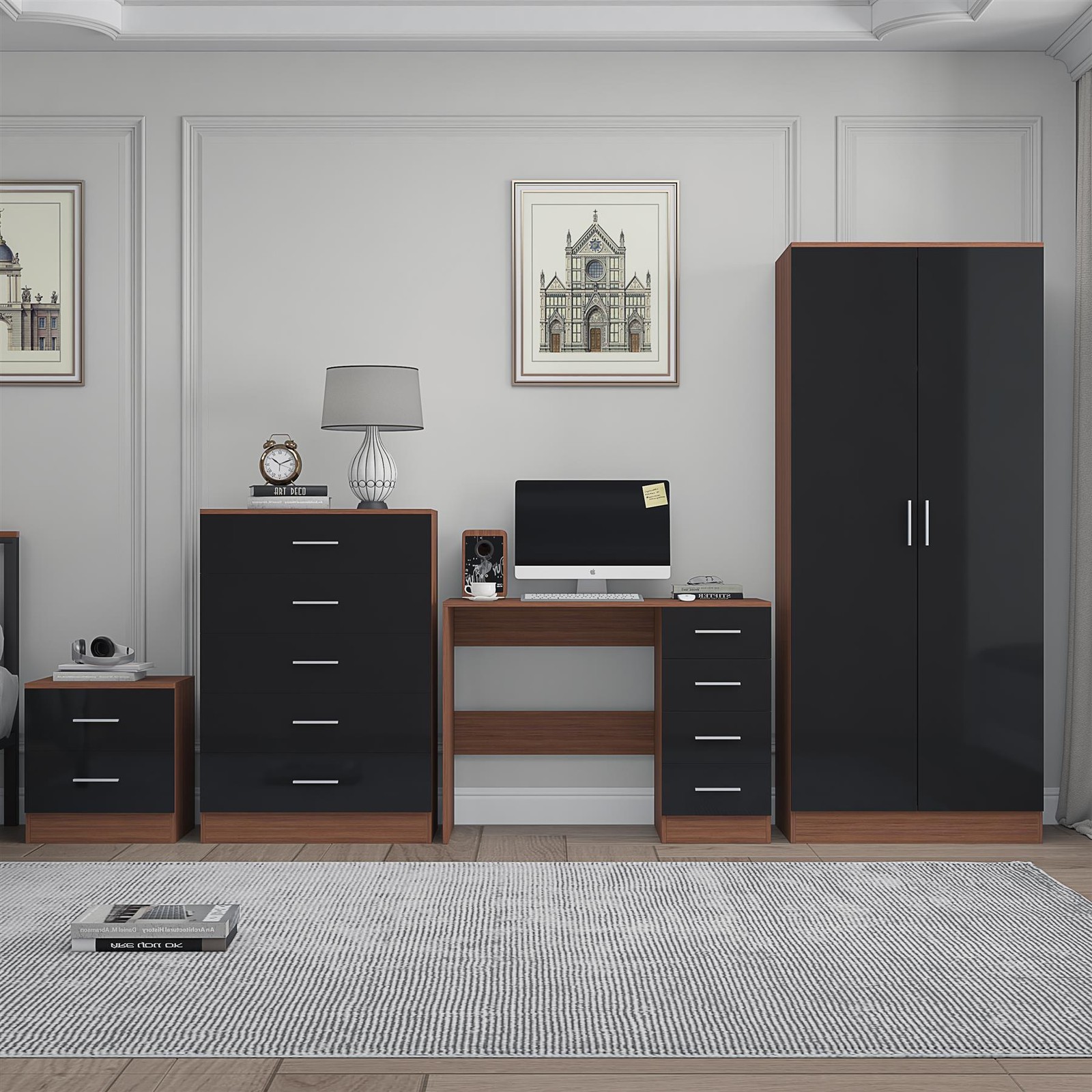 REFLECT Bedroom Set - 2 Door + Chest + Bedside + Desk - Black/Walnut