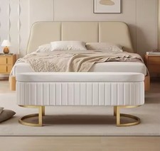 Beige Storage Bench with Lid | Upholstered Bed End Ottoman Footstool Seat