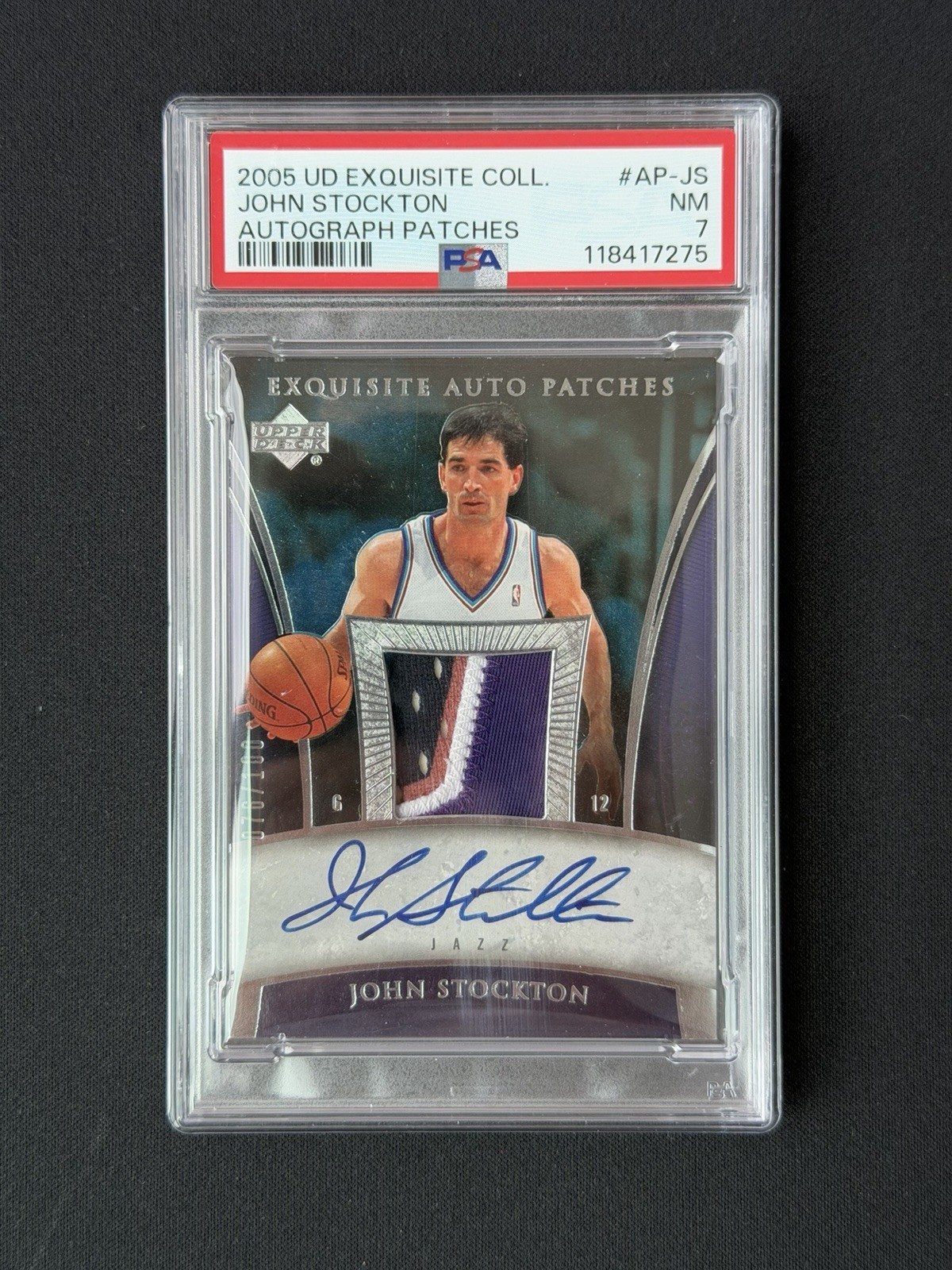 JOHN STOCKTON 2005-06 UD EXQUISITE #AP-JS GAME USED PATCH AUTO /100 PSA 7