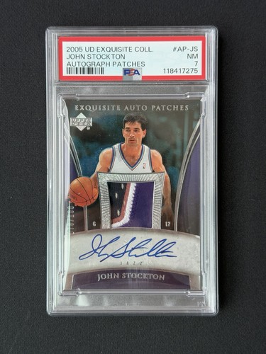 JOHN STOCKTON 2005-06 UD EXQUISITE #AP-JS GAME USED PATCH AUTO /100 PSA 7