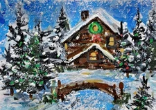 ACEO Original  PAINTING Winter XMAS HOUSE Cabin Trees Snow Holiday Landscape ART