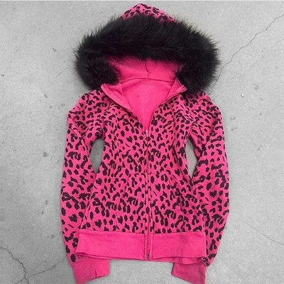 Y2K Emo Cheetah Pink Black Zip Up Hoodie Womens Faux Fur Scene Mall Goth