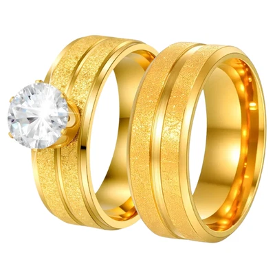 Verlobungsringe Damen Herren Partnerringe Gold vergoldeter Edelstahl Trauringe - Bild 1 von 4