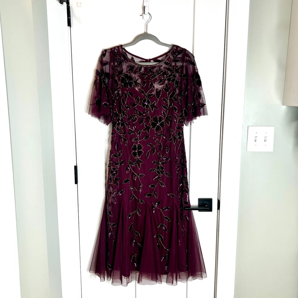 Adrianna Papell Purple Sequin Embroidered A-Line Cocktail Dress MOB Party Sz 12 - Image 2 of 4