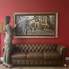 quadro dipinto grande a olio su tela paesaggio urbano con cornice stile antico Z