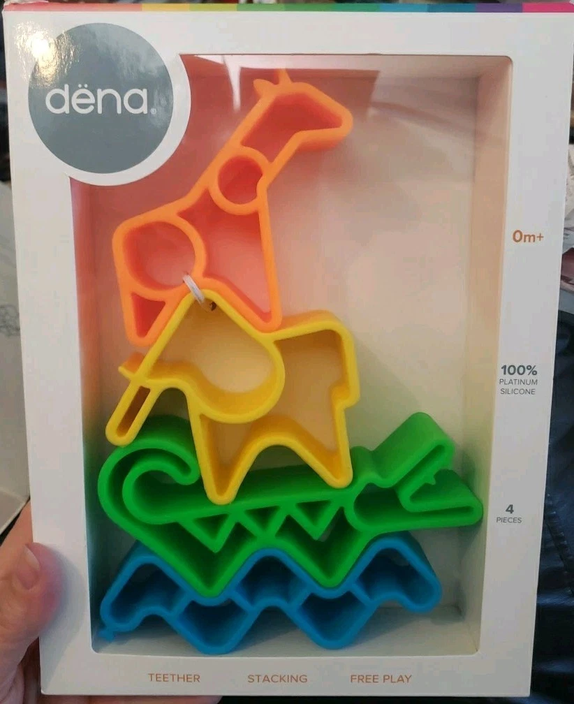 DENA NEON ANIMALS Platinum Silicone 4 Piece Teether/Stacking/Free Play Toys 0+