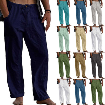 Herren Baumwolle Leinen Gerade Hose Leger Locker Elastischer Bund Yoga Lange Hose