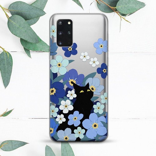 Black Cats Blue Flowers Cute Case For Samsung Note 20 S10 S20 S21 S22 S23 S24 FE - 第 1/1 張圖片