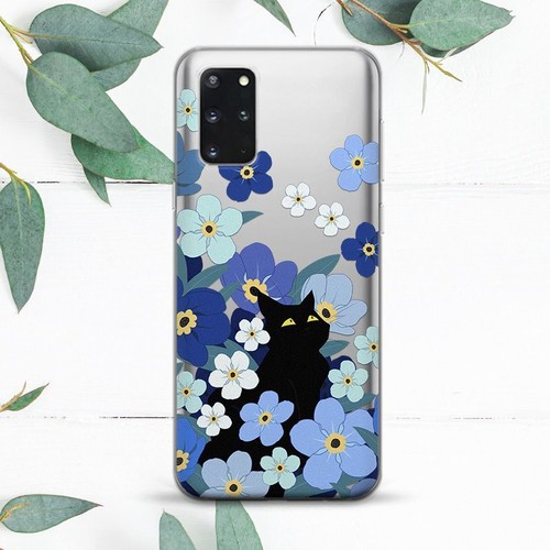 Black Cats Blue Flowers Cute Case For Samsung Note 20 S10 S20 S21 S22 S23 S24 FE - Picture 1 of 1