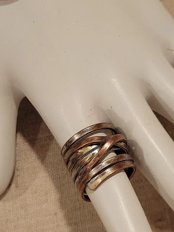 Brazalete y anillo tejido trenzado tricolor cobre latón hierro talla 6 vintage 70' Foto 4 de 4