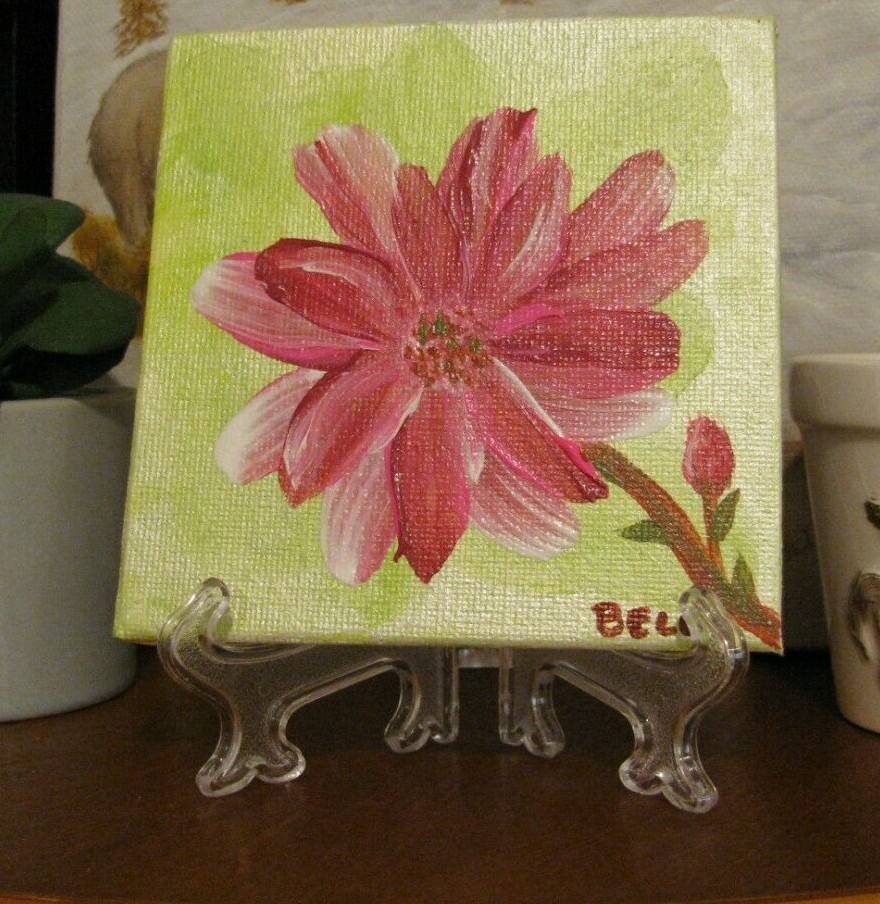 Original, Hand Painted, Pink Flower, Art Acrylic on Canvas 4”x4” w/Stand 