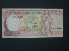 **First Issue 1967(1989)** Malta 2 Lire  'GVF' Banknote**