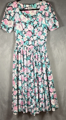 Laura Ashley Vintage Green Pink Floral Tea Dress Cotton V-Neck Women's Sz 8