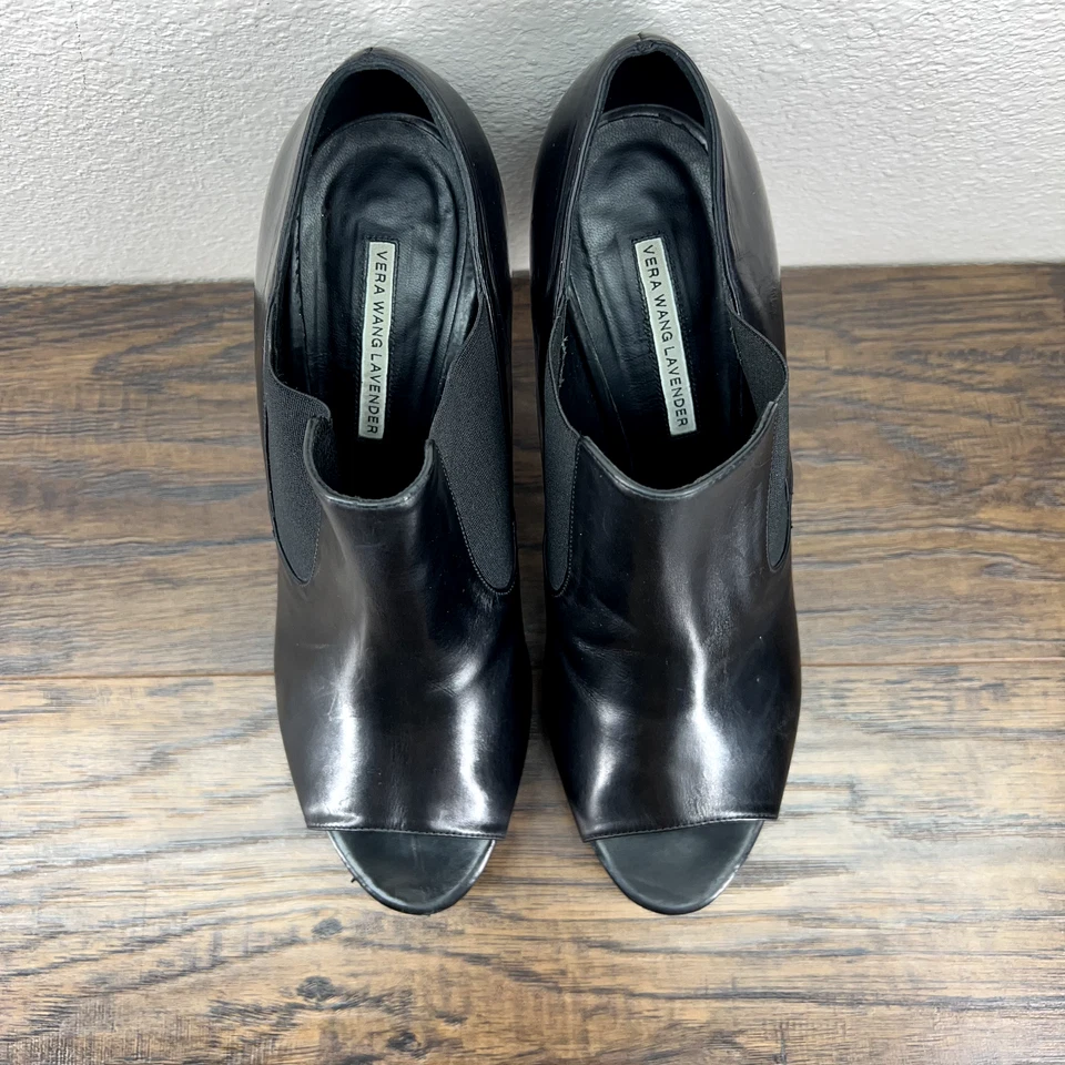 Vera Wang Lavender Womens Size 9.5M Black Leather Peep Toe Platform Booties Heel - Image 4 of 4