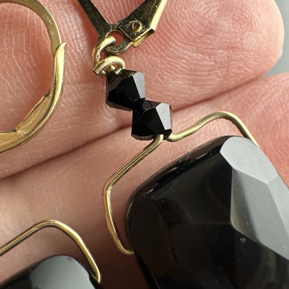 14 K Yellow Gold Filled Faceted Black Onyx Pierced Dangle Earrings - Image 4 of 4