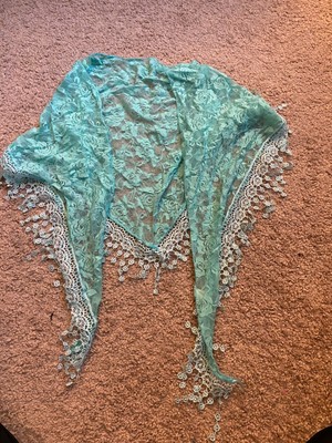 Turquoise Aqua Scarf Lace Neckerchief Round Silk Cotton Shoulder Shawl Soft,