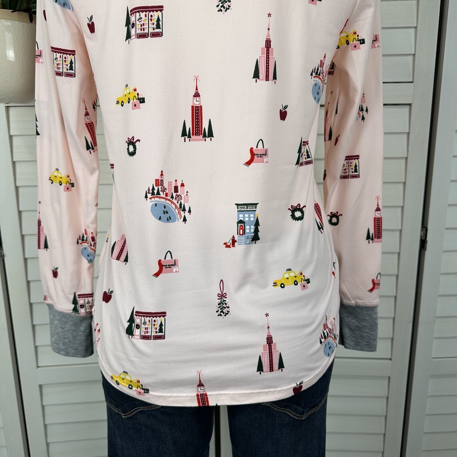 Kate Spade New York Pink Christmas Pajama Top Button Henley Long Sleeve Size XS thumbnail 6