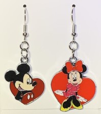 Silver Mickey  Minnie Mouse Heart Dangle Drop Earrings 