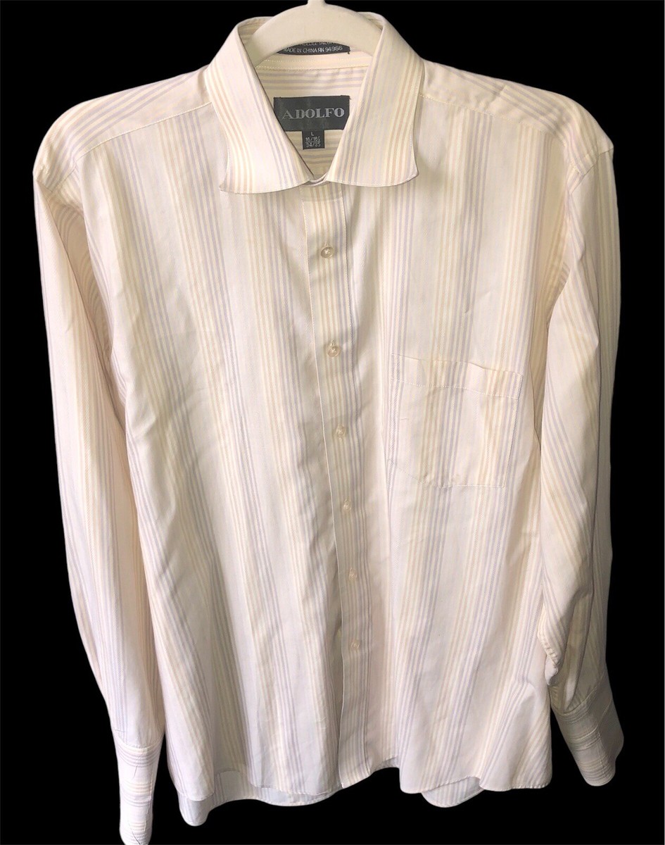 adolfo dress shirts ADOLFO Men's Beige Striped Dress Shirt Long Sleeves French Cuff Size L  16/16 1/2