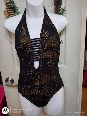Mossimo Medium Crochet Cutout Knit Plunge Front One Piece Swimsuit Brown Black
