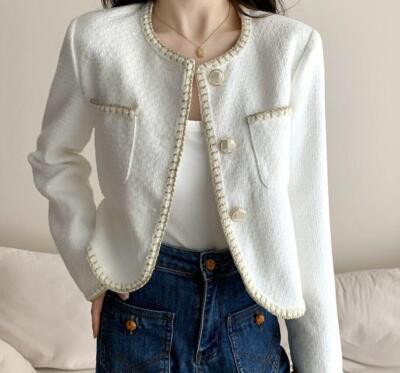 2023 Autumn Elegant Ladies Coat Cardigan Soft Wool Short Round Neck Slim Jackets