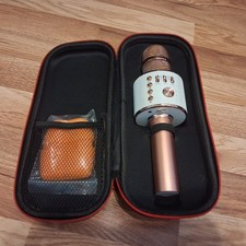 Cordless Bluetooth Karaoke Microphone Gold Silver w/ Carrying Case On/Off Switch