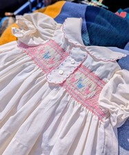 Vintage 1980s Cream 12 mo. Hand Smocked Embroidered Ducks Dress Cottagecore
