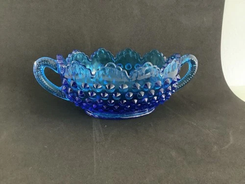 1960’s Fenton Art Glass Hobnail Sugar Bowl Candy Dish Ruffled Edge Colonial Blue