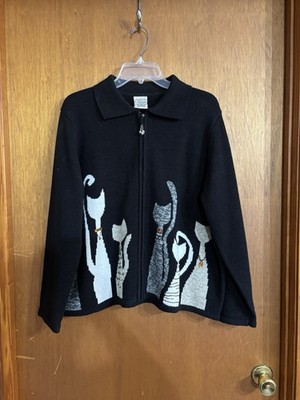 Vtg. Allison Daley PL  Black Full Zip Cardigan Sweater With Whimsical Cat Motif