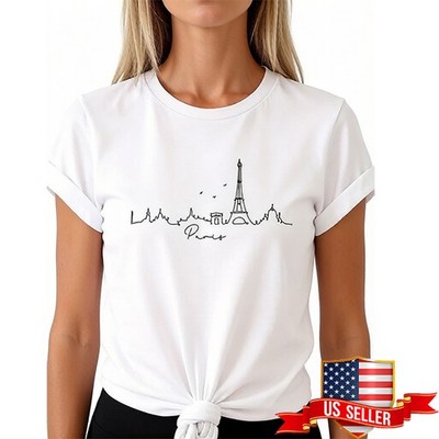 100% Cotton Casual White Women T-Shirt   Line Graffiti Eiffel Tower USA SELLER