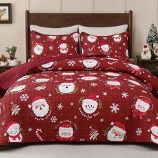 3 Piece Christmas Quilts Size Snowman Quilt Bedding Set, Soft Cozy King Red