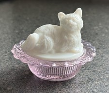 Mosser Glass Cat On Basket Salt Cellar Dip MARRIAGE - MILK / ROSE - 3" wide