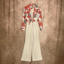 Vintage 70s Melissa Lane Patchwork Jumpsuit High Waist Tie Front Long Sleeve Mod