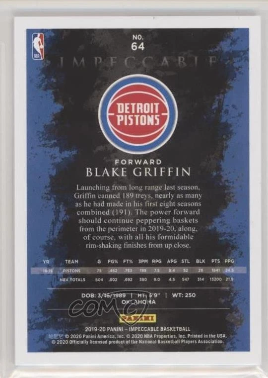 2019-20 Panini Impeccable Gold /49 Blake Griffin #64 - Image 2 of 2