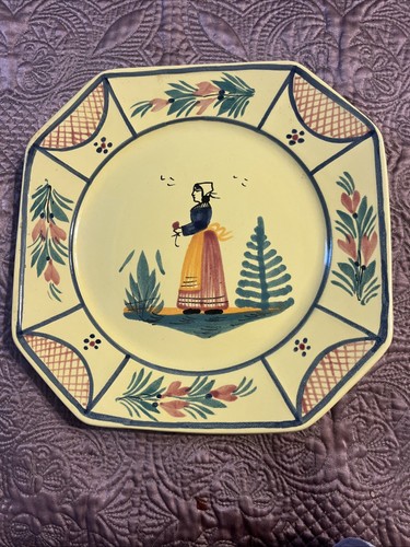 1 HB Henriot Quimper Soleil France Yellow Octagonal 10" Dinner Plate - Picture 2 of 7