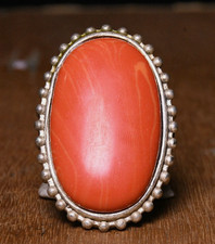 4CM Old Chinese Dynasty Silver inlay Coral Jewelry Figure Ring Finger ring