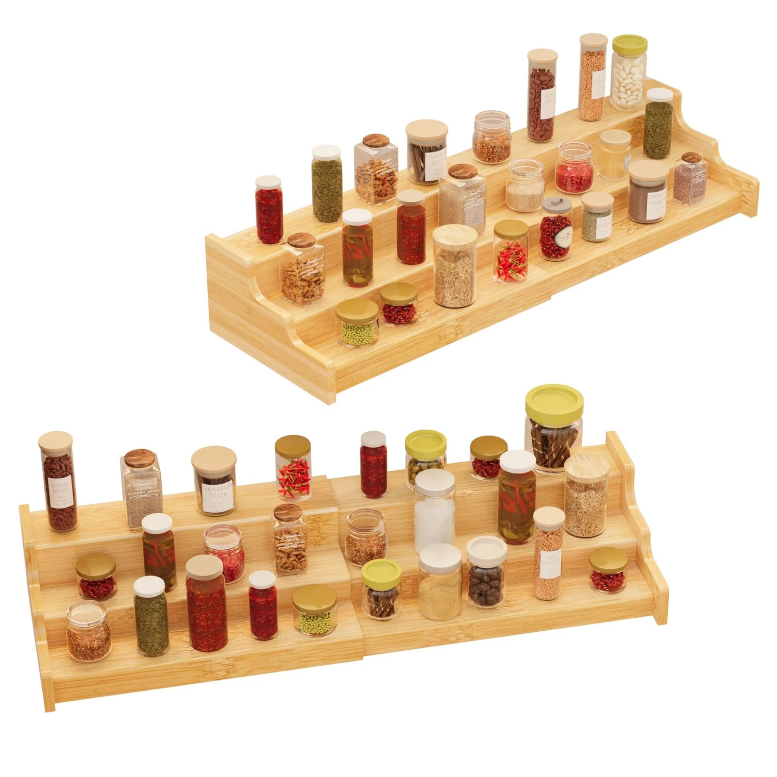 2 Pack Spice Rack Organizer for Cabinet - 3 Tier Bamboo Expandable Display Sh...