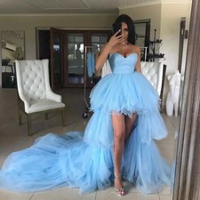 High Low Prom Dress Sweetheart Ruffles Light Blue Tulle Short Front Long Back