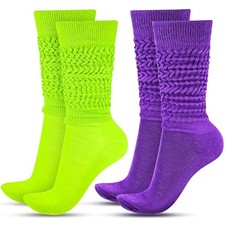2 Pairs Neon Slouch Socks for Women, 80s One Size Fluorescent Green, Purple