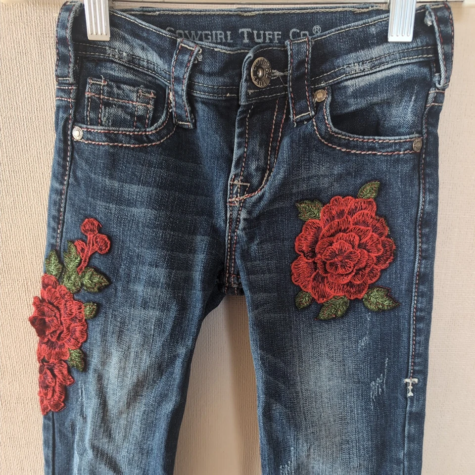 Jeans Vaquera Tuff Niñas 7 Rosas Are Rojo Denim Envejecido Boho Acampanado Rodeo Foto 2 de 4
