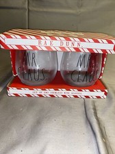 NEW RAE DUNN Mr. and Mrs. Claus Stemless Wine Glasses Set Clear in box FUN GIFT