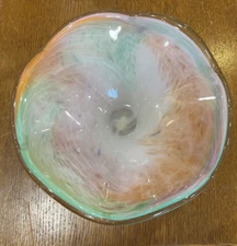 Murano Glass Crystal Clear Multi-Colored Pastels Swirl 10 Inch Bowl