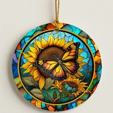 Monarch Butterfly and Sunflower Christmas Ornament – Ceramic Garden Tree Decor