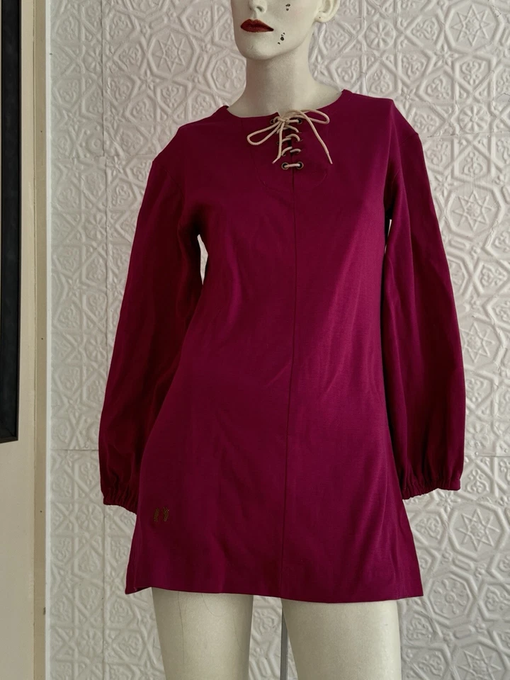 1960s/70s Era Vintage Hang Ten Mini dress-Pink-Magenta-Raspberry-Lace Up-Boho-S - Image 2 of 4
