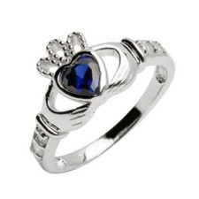 STERLING SILVER CLADDAGH RING CHILDS LADIES BLUE SAPPHIRE CZ SEPTEMBER STONE